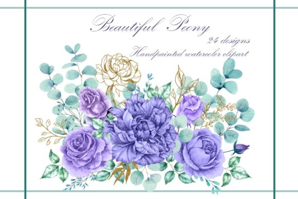 Purple Peony Roses & Gold Glitter PNG